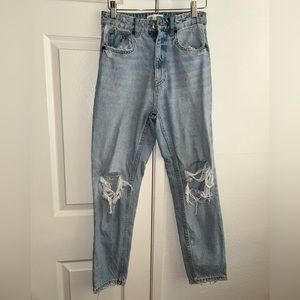 Distressed blue denim straight jeans